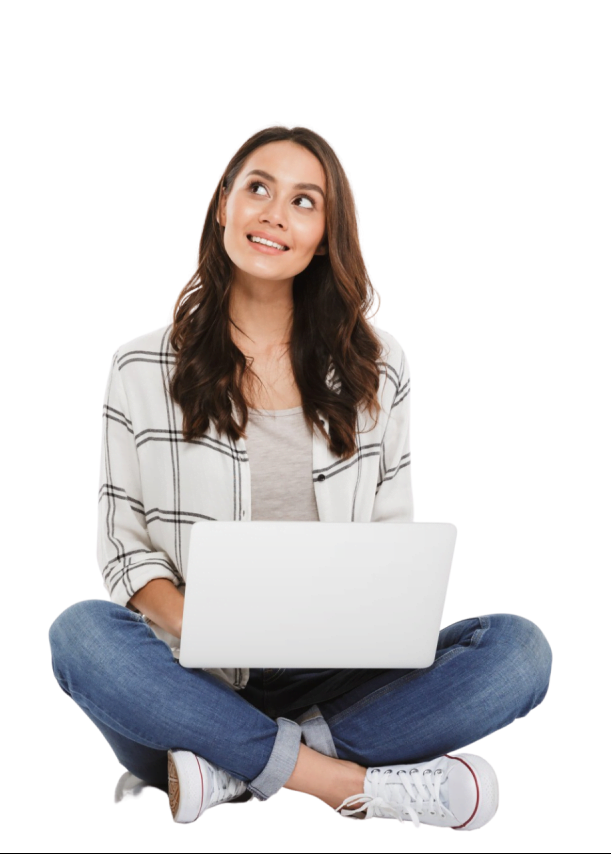 Pensive Smiling Brunette Woman Shirt Sitting Floor With Laptop Computer Looking Up Gray Removebg E1670383465918 Bigdomain.my Malaysia Domain &Amp; Hosting